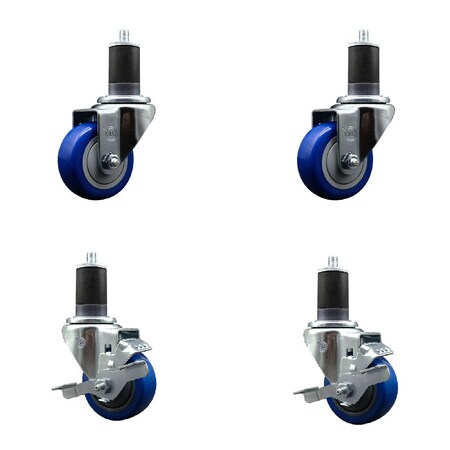Service Caster 3'' SS Blue Poly Wheel Swivel 1-5/8'' Expanding Stem Caster Set 2 Brakes, 4PK SCC-SSEX20S314-PPUB-BLUE-2-TLB-2-158